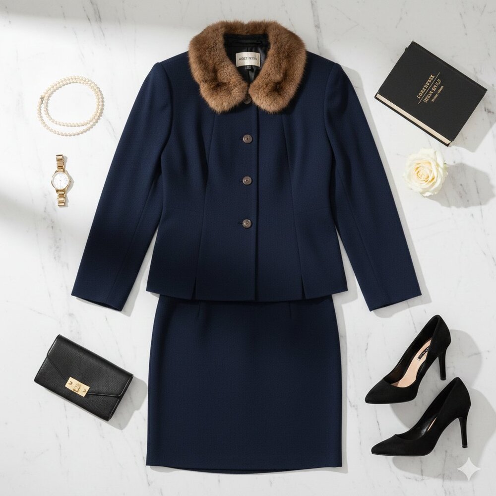 Albert Nipon Navy Wool Suit with Mink Fur Collar